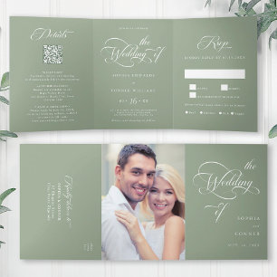 Elegant Charm Script Wedding Sage Green Dreifach Gefaltete Einladung