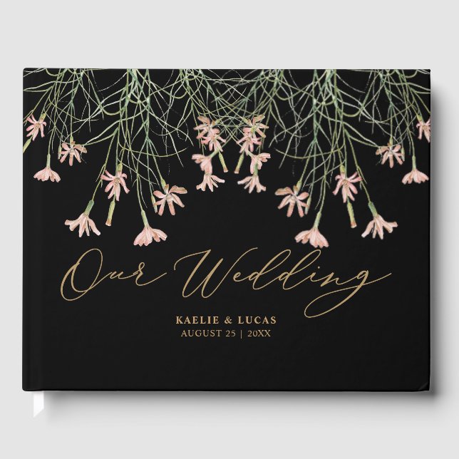 Elegant Charm Wild Flower | Black & Gold Wedding Gästebuch (Vorderseite)