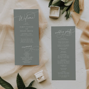 Élégant Charme Plat Dark Sage Wedding Programme