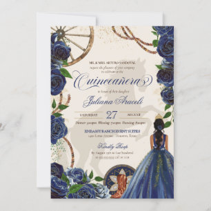 Elegant Charro Blue Rose Western Ranch Quinceanera Einladung