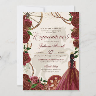 Elegant Charro Burgundy Rose Western Quinceanera Einladung