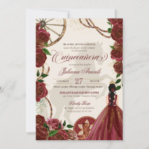 Elegant Charro Burgundy Rose Western Quinceanera  Einladung