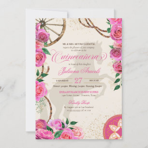 Elegant Charro Pink Rose Western Ranch Quinceanera Einladung