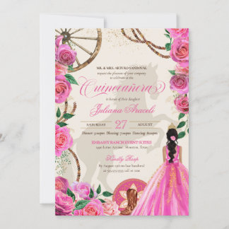 Elegant Charro Pink Rose Western Ranch Quinceanera Einladung