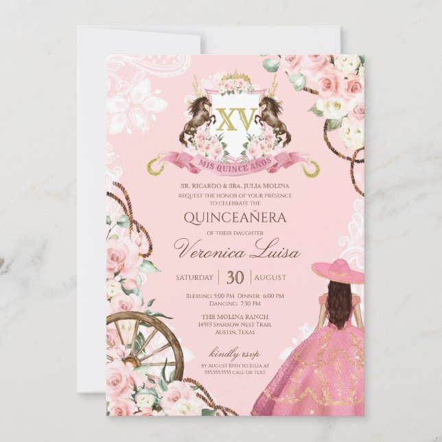 Élégant Charro rose Quinceanera Invitation florale (Devant)