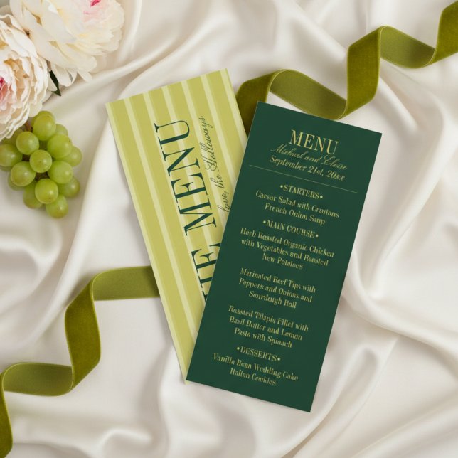 Elegant Chartreuse Green Stripe Wedding Dinner Menükarte (Elegant Chartreuse Green Stripe Wedding Dinner Menu)