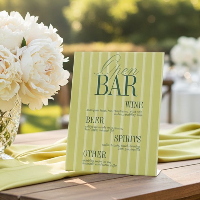 Elegant Chartreuse Stripe Open Bar Menu Wedding Sockelschild (Elegant Chartreuse Stripe Open Bar Menu Wedding Pedestal Sign)