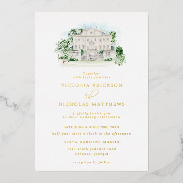 Elegant Chateau | Wasserfarbenmanor Hochzeit Folieneinladung (Vorderseite)