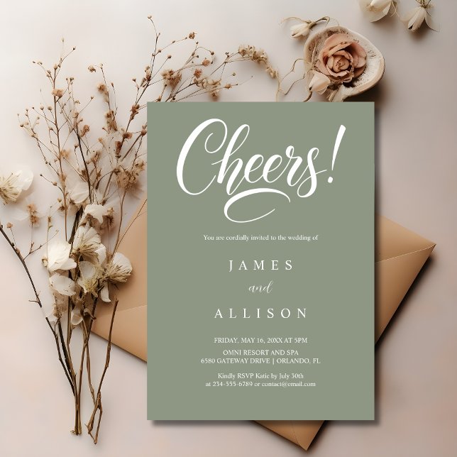 Elegant Cheers Script Sage Green Wedding  Einladung (Von Creator hochgeladen)