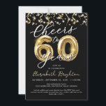 Elegant Cheers to 60 Jahre Script Balloon Confetti Einladung<br><div class="desc">Feiern Sie einen 60. Geburtstag mit diesen eleganten und festlichen Party Einladungen aus Schwarz und Gold mit dem Titel CHEERS TO 50 YEARS in Imitaten metallische Goldballonnummern und moderne Drehtypografie mit Goldrändern und Konfetti- und Weißlampen. HILFE: Für Hilfe bei der Modifizierung oder Personalisierung des Designs, bei Farbänderungen, bei der Übertragung...</div>