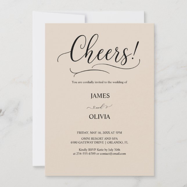 Elegant Cheers! Warm Beige Modern Script Wedding  Einladung (Vorderseite)