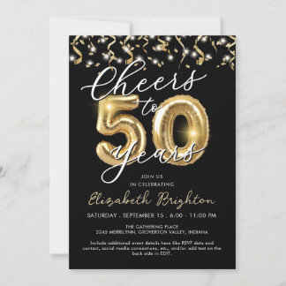 Elegant Cheers zu 50 Jahren Script Balloon Confett Einladung