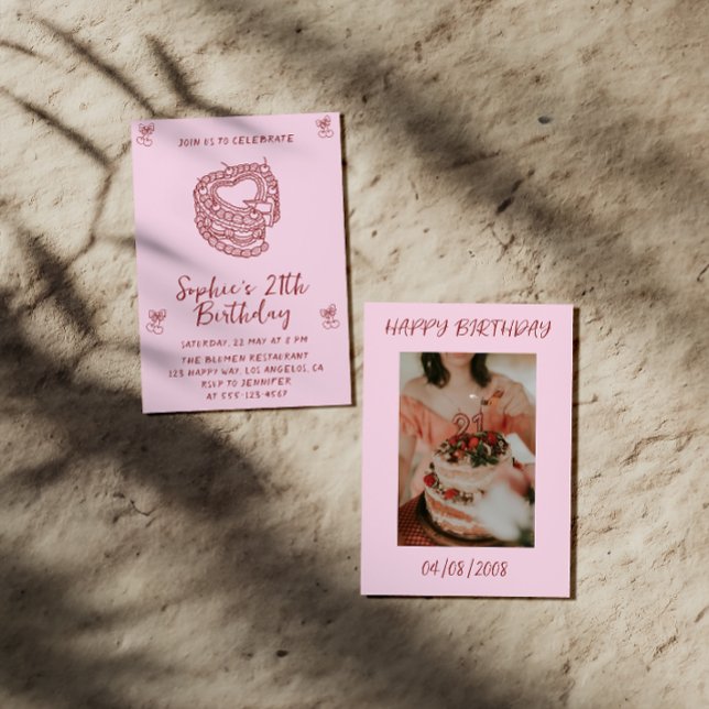 Elegant Cherry Birthday Invitation with Heart Cake Einladung (Von Creator hochgeladen)