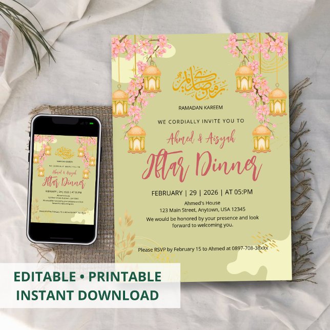 Elegant Cherry Blossom & Lanterns Iftar Dinner Einladung (Von Creator hochgeladen)