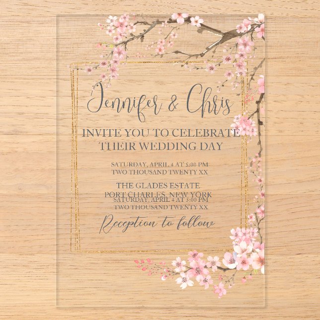 Elegant Cherry Blossom Wedding Acryleinladungen (Vorderseite)