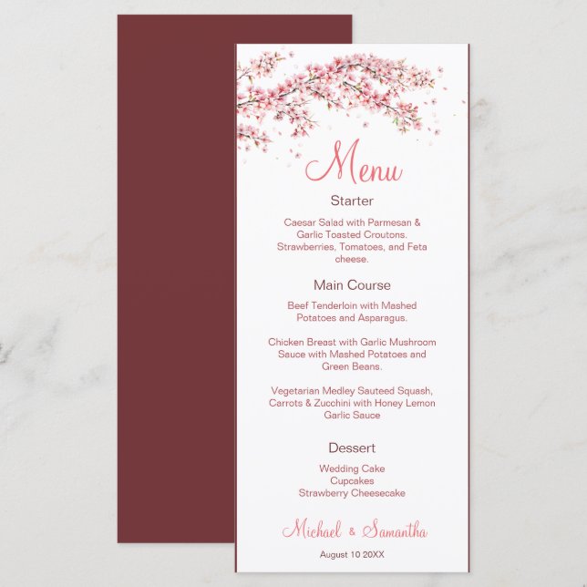 Elegant Cherry Blossom Wedding Menükarte (Vorne/Hinten)