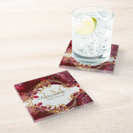 Elegant Cherry Red & Gold Monogram Script Glasuntersetzer