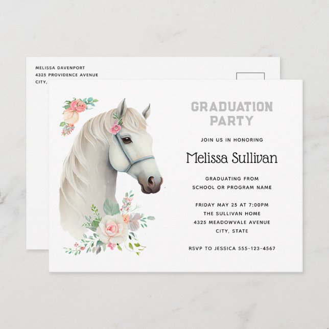 Élégant Cheval Blanc Boho Floral Invitation (Devant / Derrière)