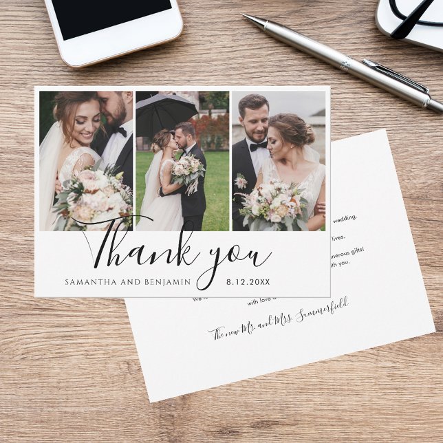 Elegant Chic 3 Wedding Fotos Script Dankeskarte (Elegant Chic 3 Wedding Photos Script Thank You Card)