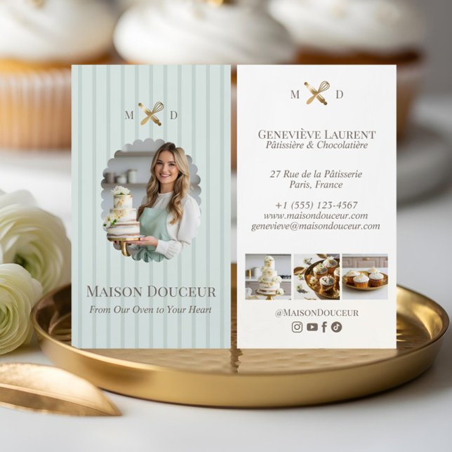 Elegant Chic Bakery Stripes & Gold Whisk Photo  Visitenkarte (Elegant Chic Bakery Stripes & Gold Whisk Photo Business Card)