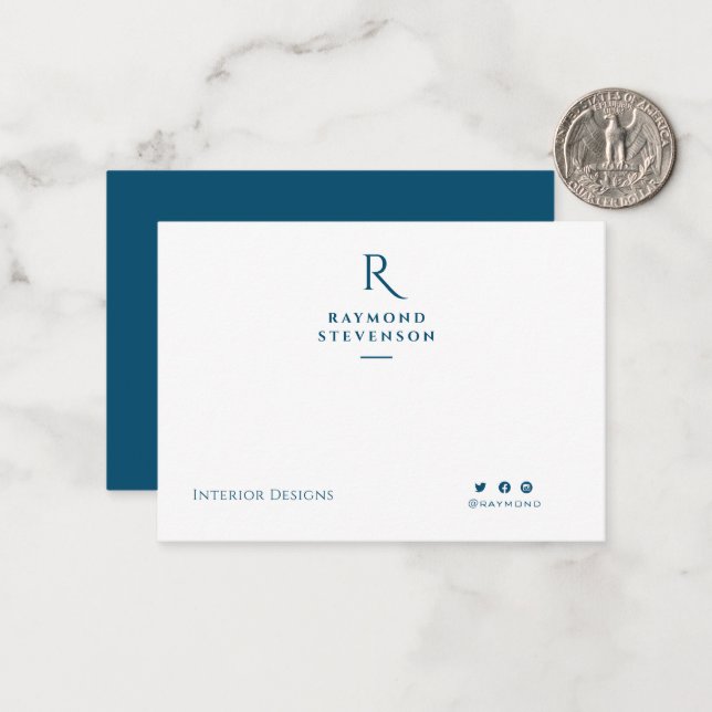 Elegant Chic Beruflich Navy mit Monogramm Mitteilungskarte (Vorderseite/Rückseite Beispiel)