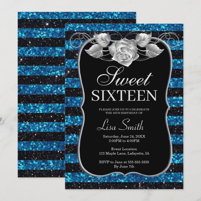 Elegant Chic Black Blue Glitzer Rose Sweet 16 Einladung (Vorne/Hinten)