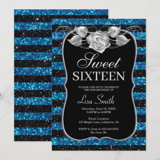Elegant Chic Black Blue Glitzer Rose Sweet 16 Einladung