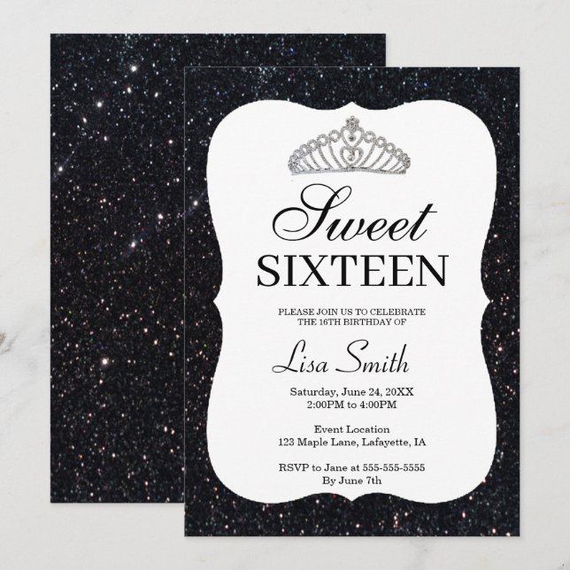 Elegant Chic Black Glitzer Tiara Sweet 16 Einladung (Vorne/Hinten)
