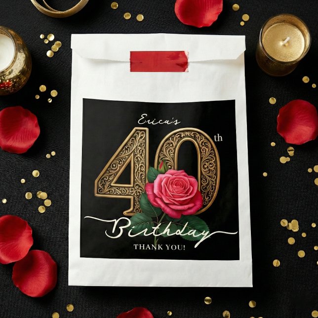 Elegant Chic Black Gold 40th Birthday Red Rose Geschenktütchen (Von Creator hochgeladen)