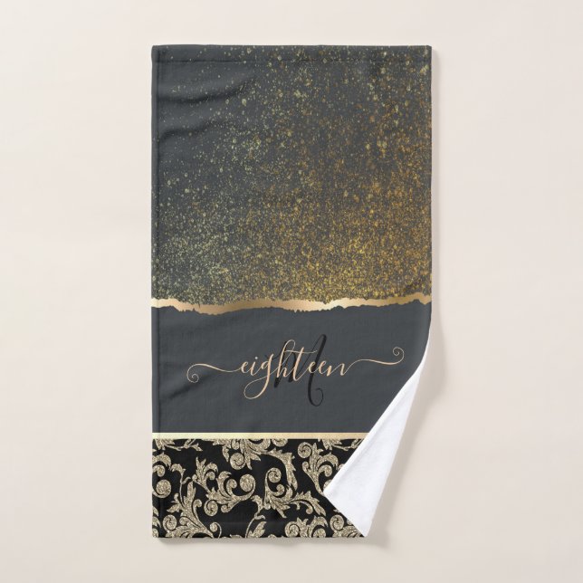Elegant Chic Black Gold Swirls Monogram Badhandtuch Set (Handtuch)