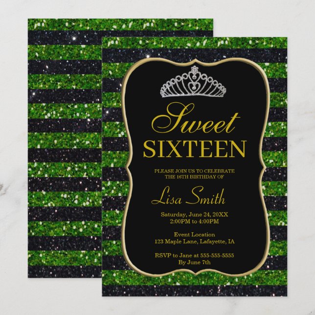 Elegant Chic Black Green Glitzer Tiara Sweet 16 Einladung (Vorne/Hinten)