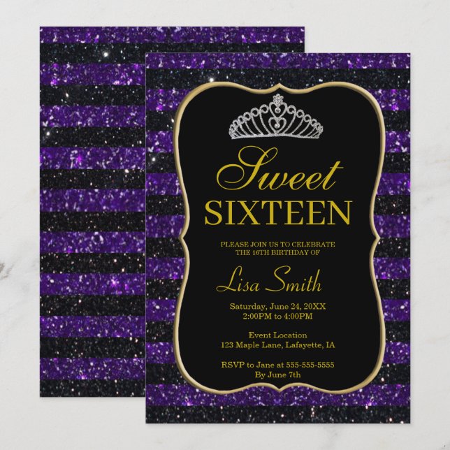 Elegant Chic Black Lila Glitzer Tiara Sweet 16 Einladung (Vorne/Hinten)