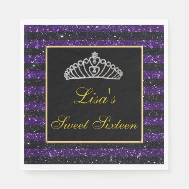 Elegant Chic Black Lila Glitzer Tiara Sweet 16 Serviette (Vorderseite)