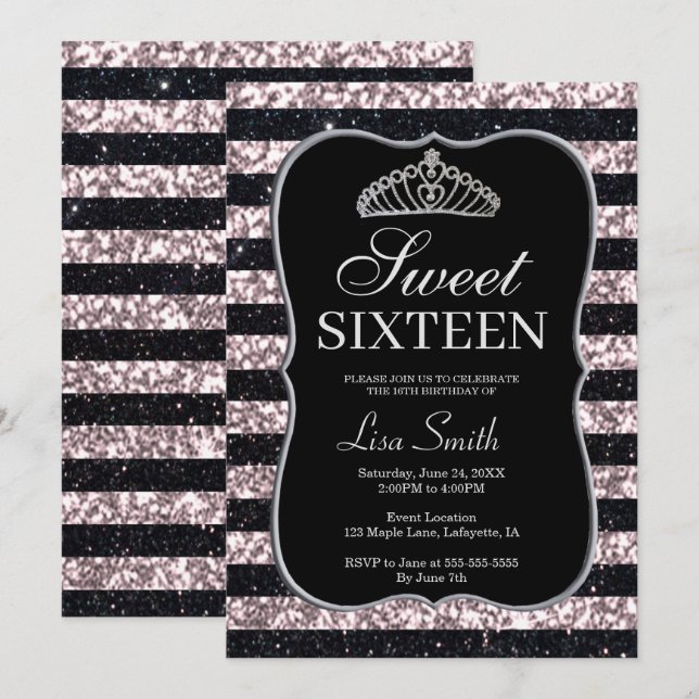 Elegant Chic Black Pink Glitzer Tiara Sweet 16 Einladung (Vorne/Hinten)