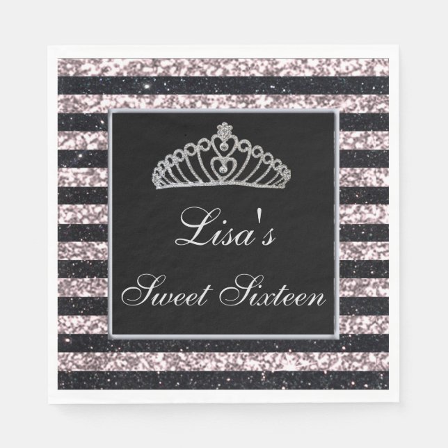 Elegant Chic Black Pink Glitzer Tiara Sweet 16 Serviette (Vorderseite)
