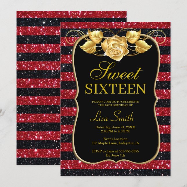 Elegant Chic Black Red Glitzer Rose Sweet 16 Einladung (Vorne/Hinten)