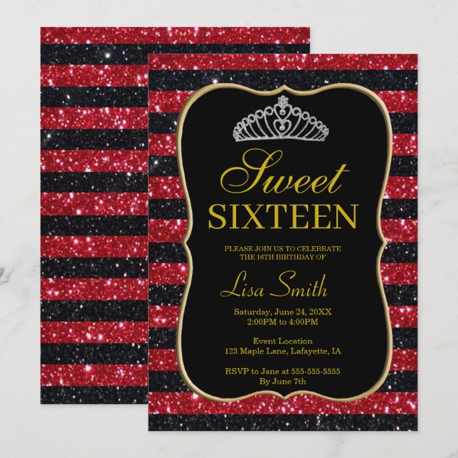 Elegant Chic Black Red Glitzer Tiara Sweet 16 Einladung (Vorne/Hinten)