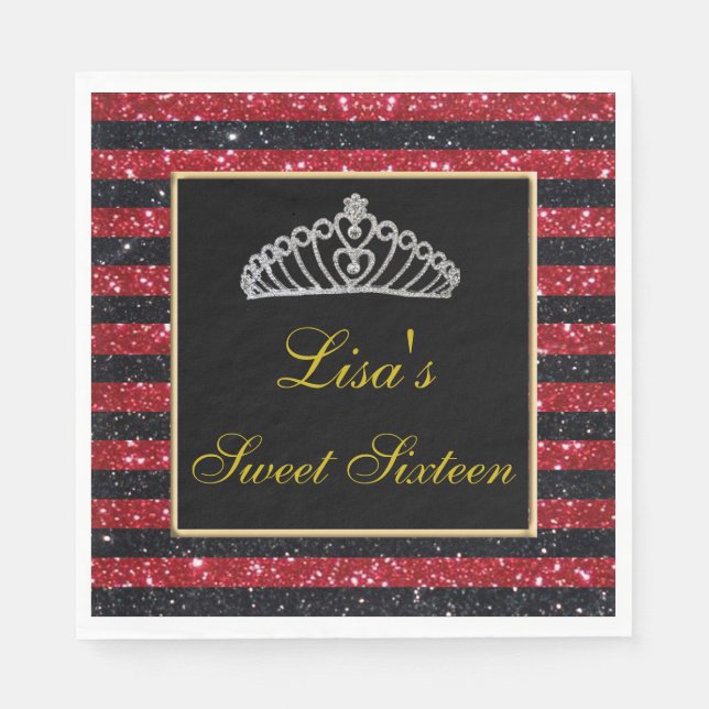 Elegant Chic Black Red Glitzer Tiara Sweet 16 Serviette (Vorderseite)
