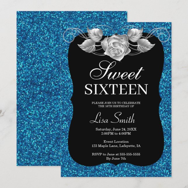 Elegant Chic Blue Glitzer Silver Rose Sweet 16 Einladung (Vorne/Hinten)