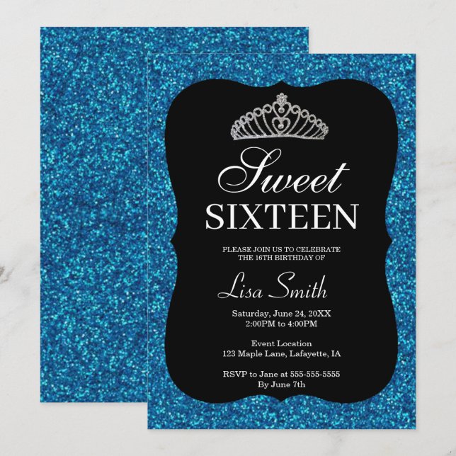 Elegant Chic Blue Glitzer Tiara Sweet 16 Einladung (Vorne/Hinten)
