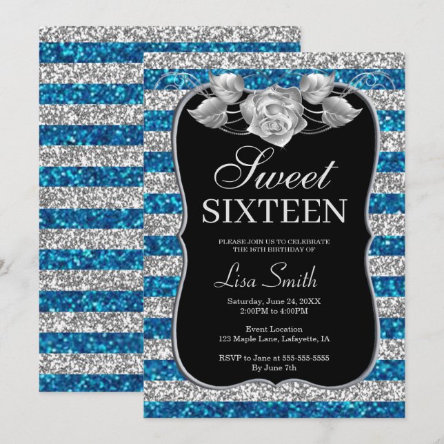 Elegant Chic Blue Silver Glitzer Rose Sweet 16 Einladung (Vorne/Hinten)