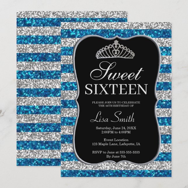 Elegant Chic Blue Silver Glitzer Tiara Sweet 16 Einladung (Vorne/Hinten)