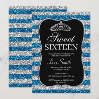 Elegant Chic Blue Silver Glitzer Tiara Sweet 16 Einladung
