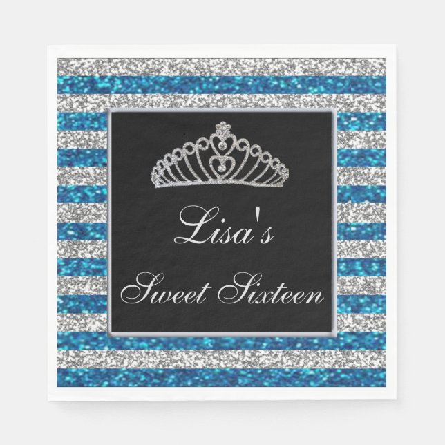 Elegant Chic Blue Silver Glitzer Tiara Sweet 16 Serviette (Vorderseite)