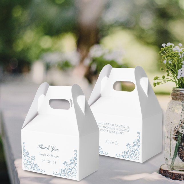 Elegant Chic Blue und White Wedding Vielen Dank Geschenkschachtel (Elegant simple blue and white formal minimalist vintage old money wedding thank you bridal party box)