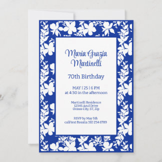 Elegant Chic Blue | Weißes Blumenmuster Geburtstag Einladung