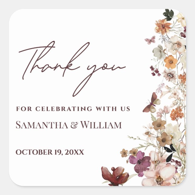 Elegant Chic Boho Pastel Wildblume Thema Hochzeit Quadratischer Aufkleber (Vorderseite)