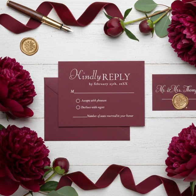 Elegant & Chic Burgundy & Ivory wedding RSVP Card Karte (Von Creator hochgeladen)