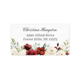 Elegant Chic Burgundy Red White Ivory Floral Adressaufkleber