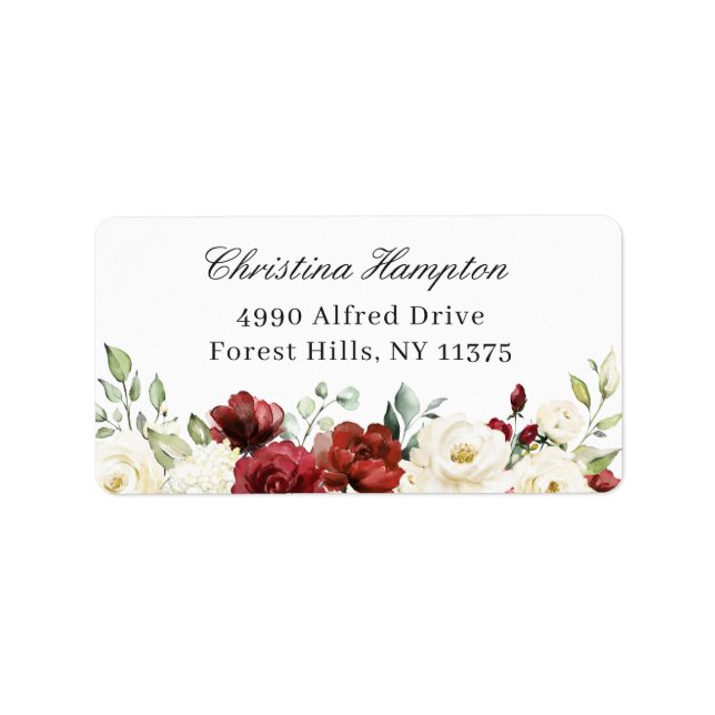 Elegant Chic Burgundy Red White Ivory Floral Adressaufkleber (Vorne)